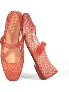 Women's Red Comfortable Jelly Ballet Buckle Strap Mesh Clear Beach Flats Sandals